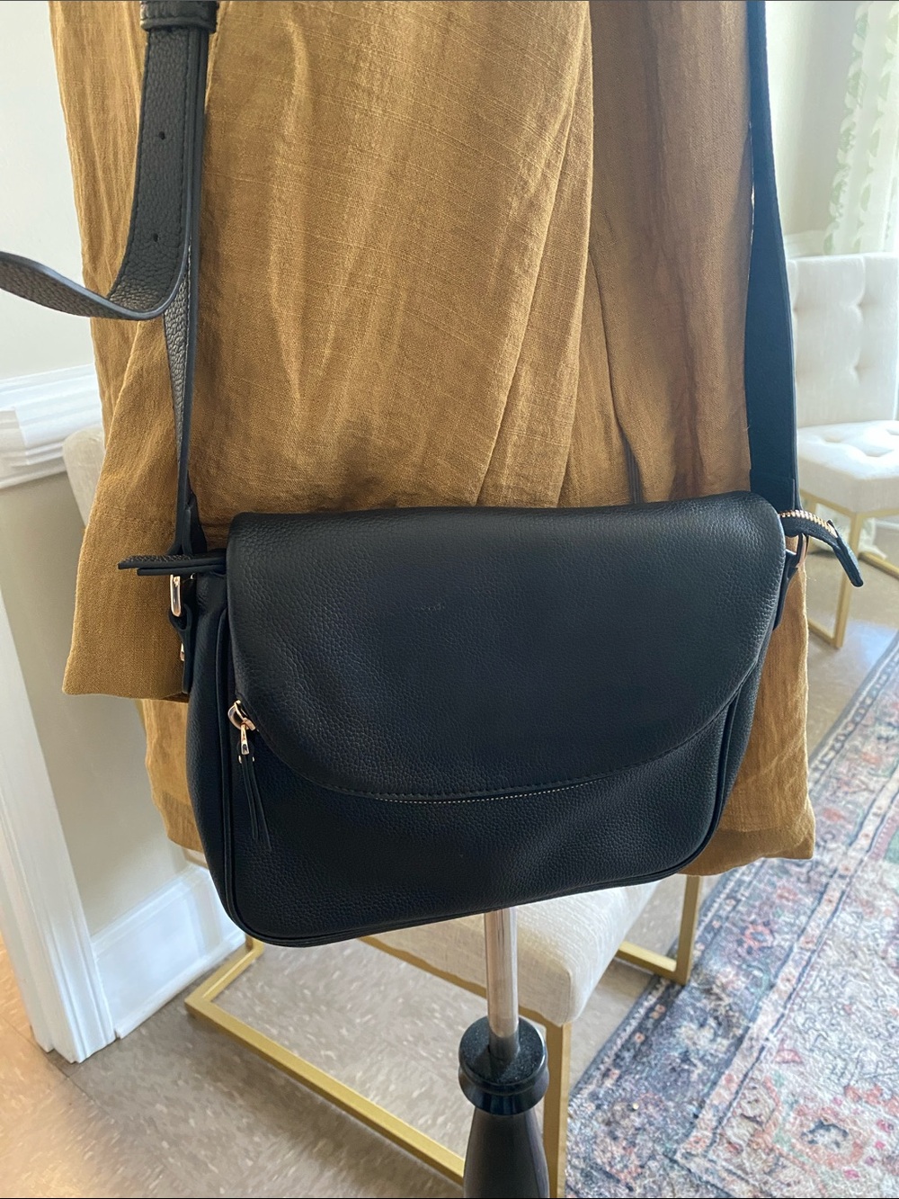 Quince Black Italian Leather Crossbody Bag with Gold Hardware Crossbody